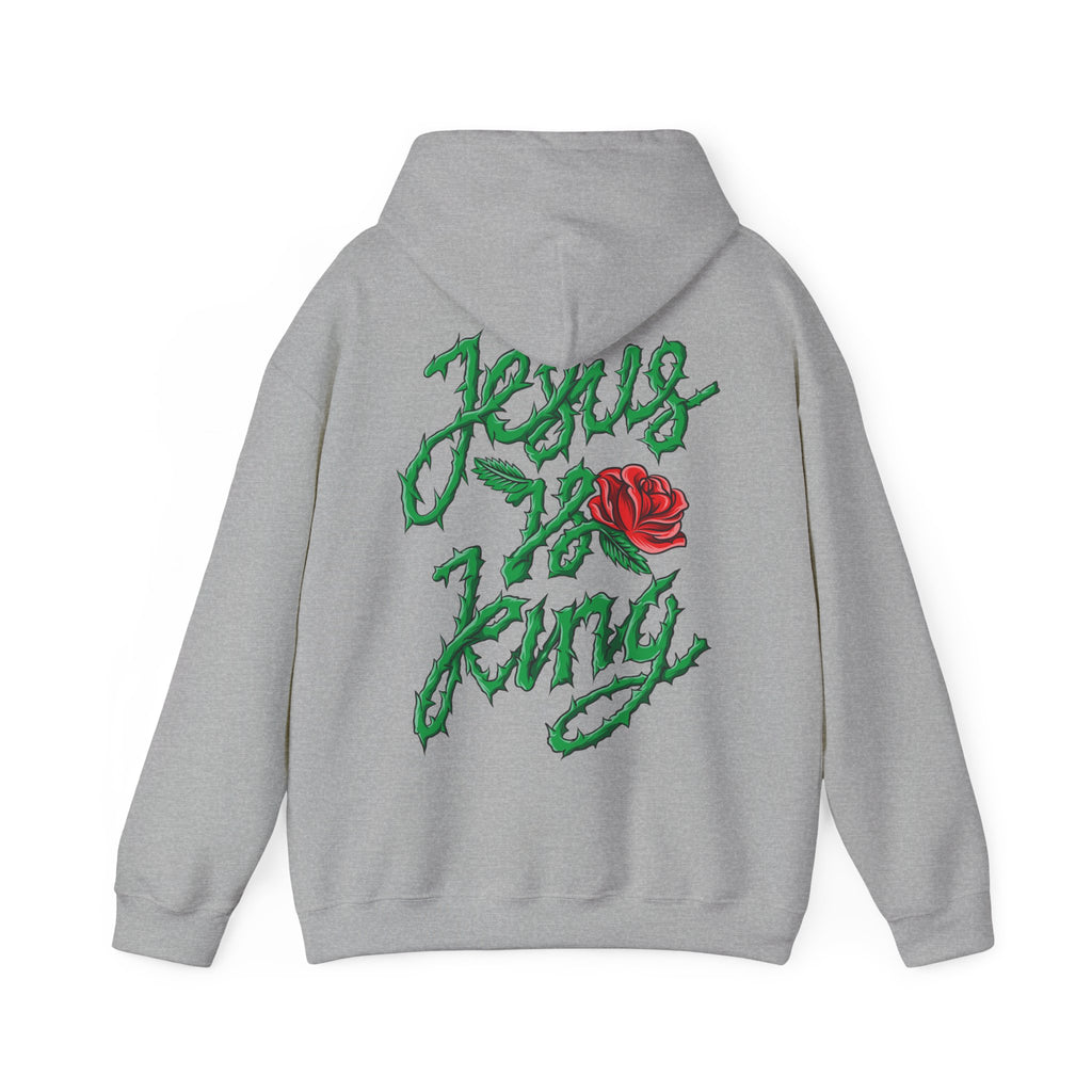 Jesus Is King Hoodie — Floral Thorns Back Graphic Christian Pullover